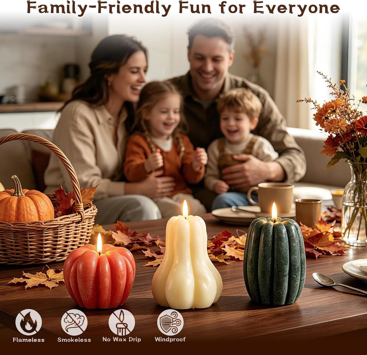 EVERLORIA 3 Pcs Fall Pumpkin Flameless Candle, LED Battery Operated Pumpkin C...