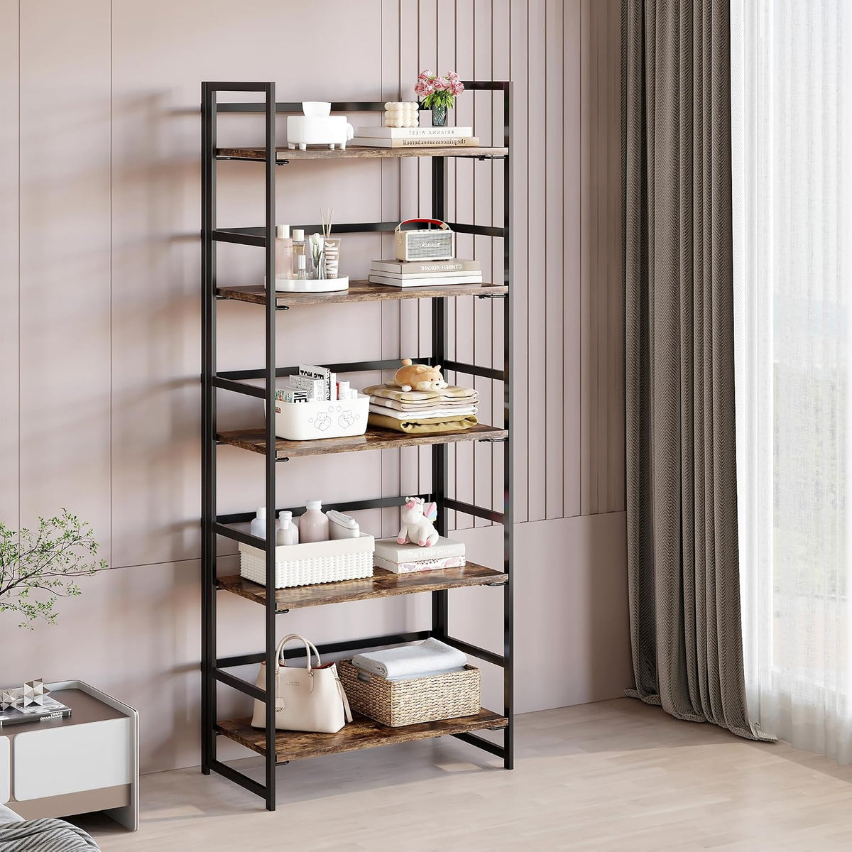 BHG Vintage Multifunctional Folding Bookshelf, No-Assembly Plant Stand Storag...