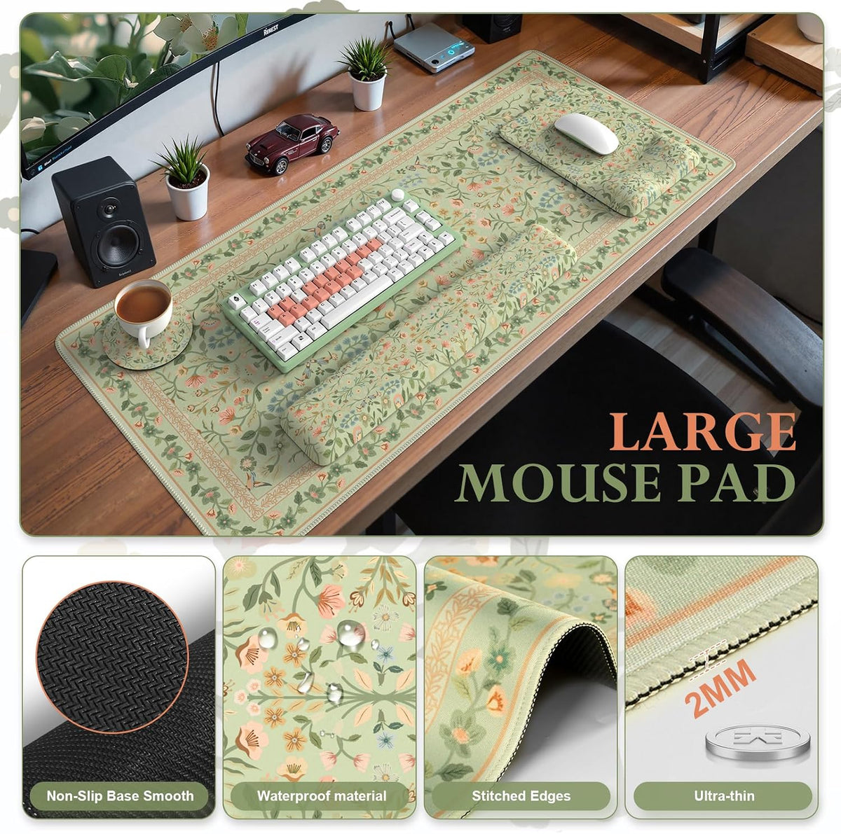 iCasso Mouse Pad with Wrist Rest, Large Desk Mat Set, Bean Green