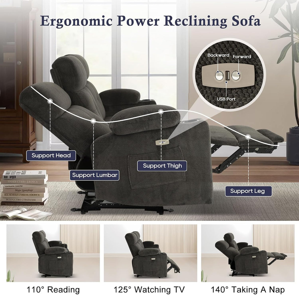 80'' Power Reclining Sofa with Heat and Massage, Electric Reclining C...