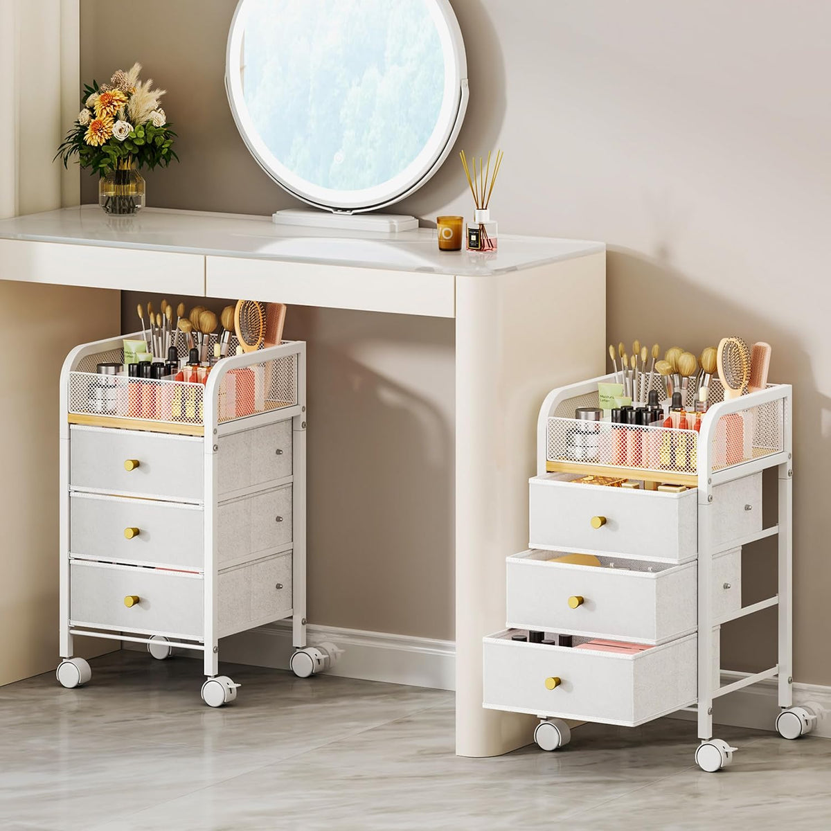 SWTYMIKI Rolling Makeup Organizer Cart - Under Desk Vanity Makeup Storage wit...