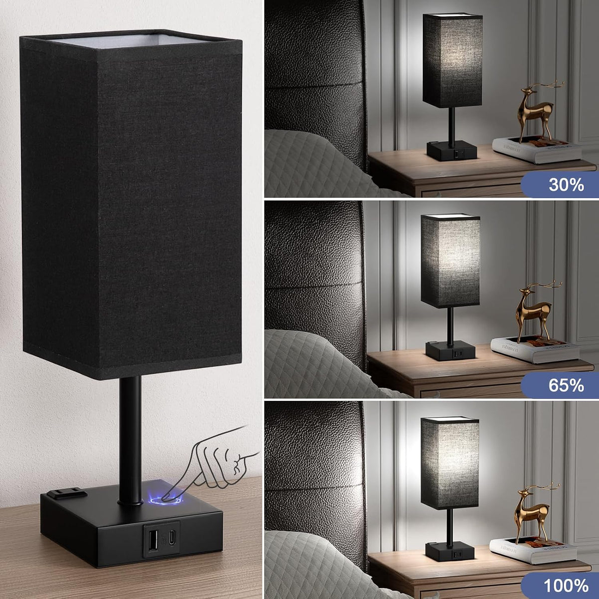 Set of 2 Black Table Lamp for Bedroom - Dimmable Touch, USB C+A, AC Outlet