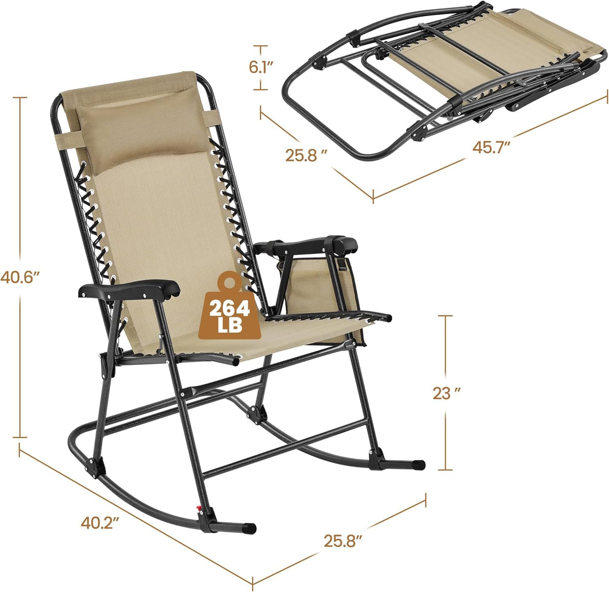 Yaheetech Patio Rocking Chair Folding Camping Chair with Pocket, Beige