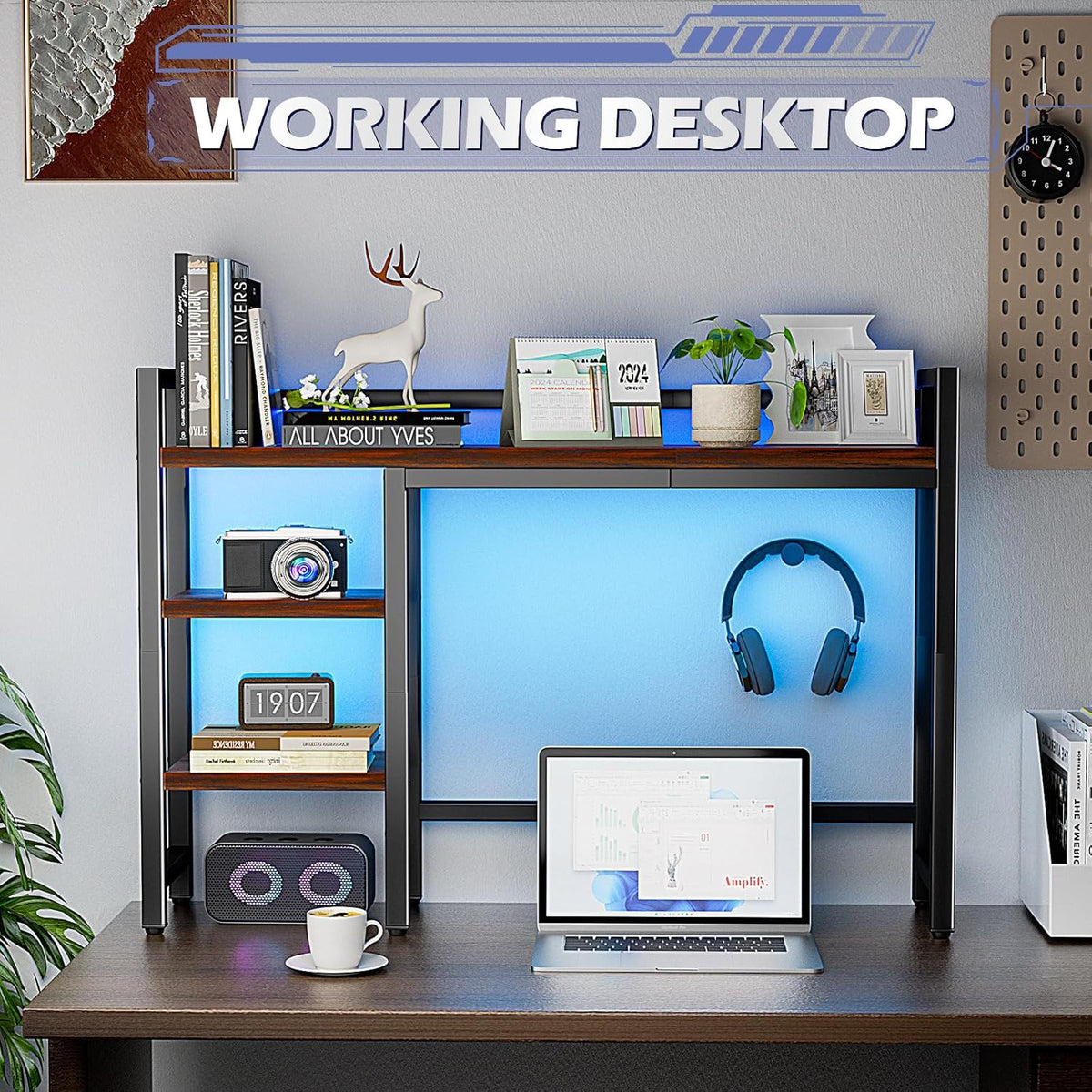 Desk Hutch with Colorful RGB Lights, 4 Tier Desk Top Shelf for Max 28" C...