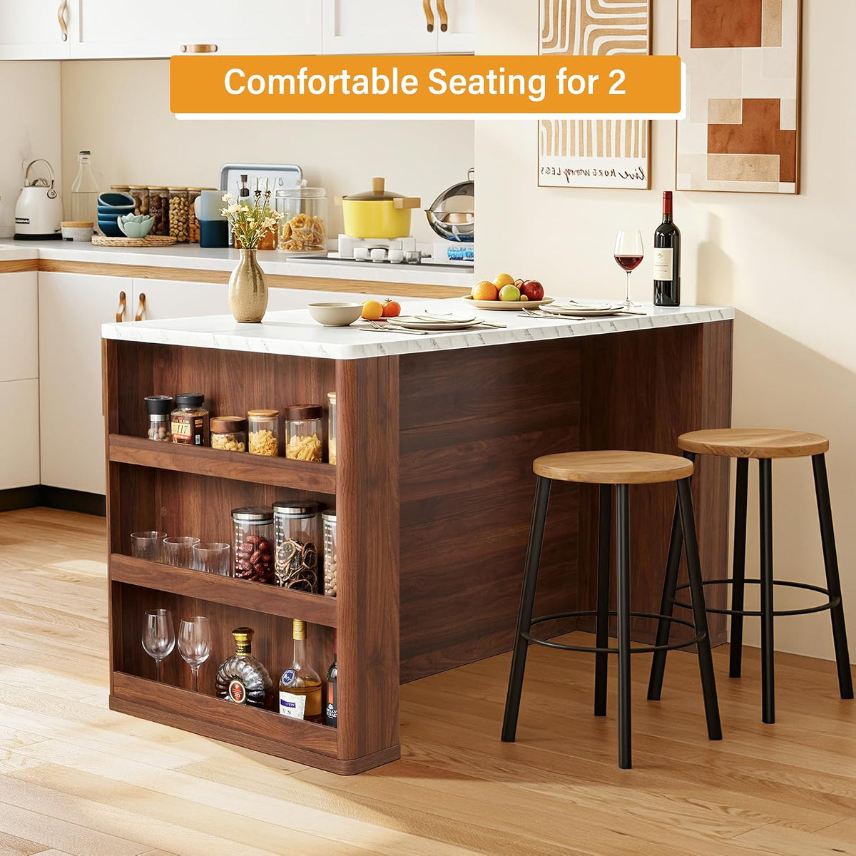 59" Kitchen Island with Storage & Seating for 2, Modern Stationary K...