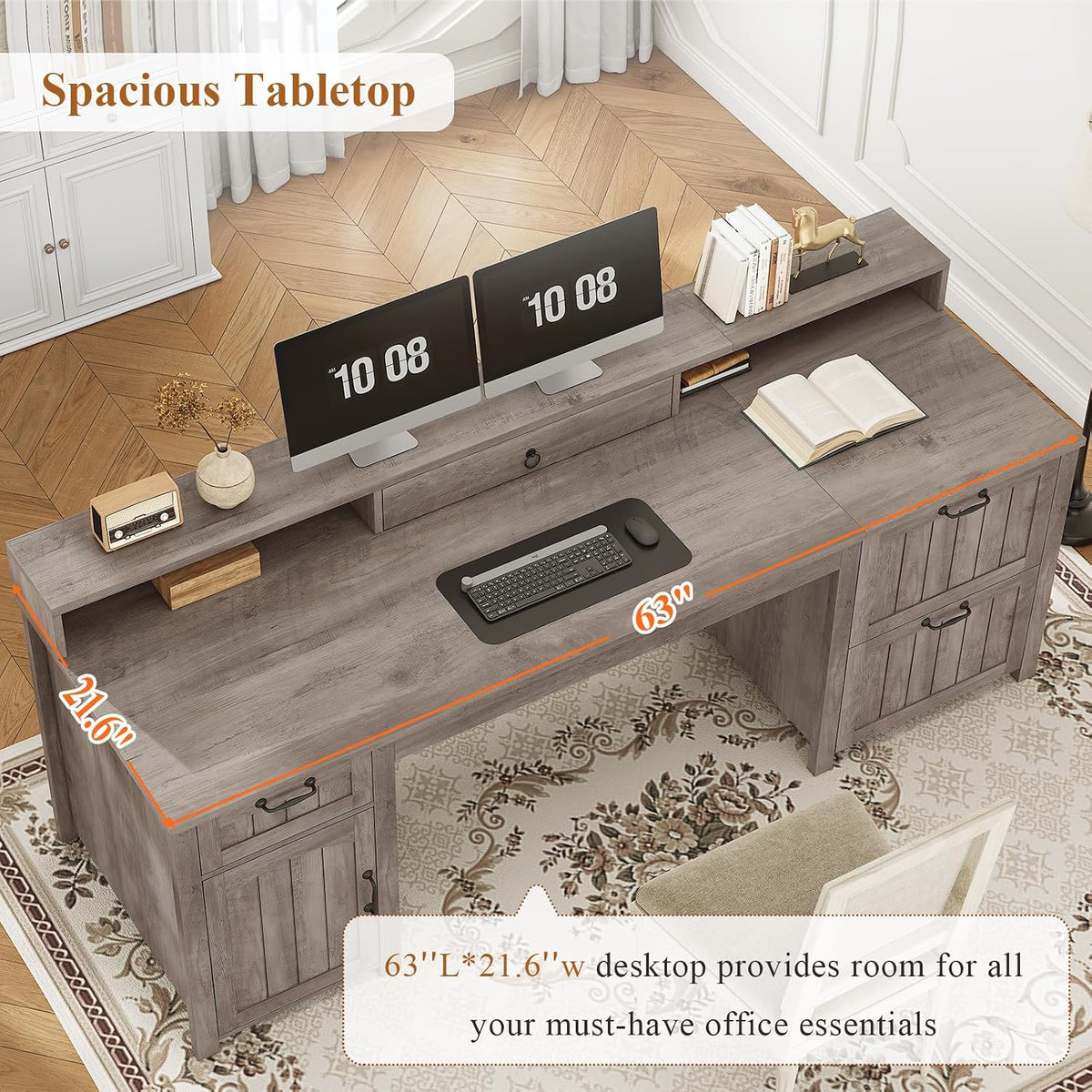 SEDETA 63" Farmhouse Executive Desk with Drawers and Storage Cabinet, Grey