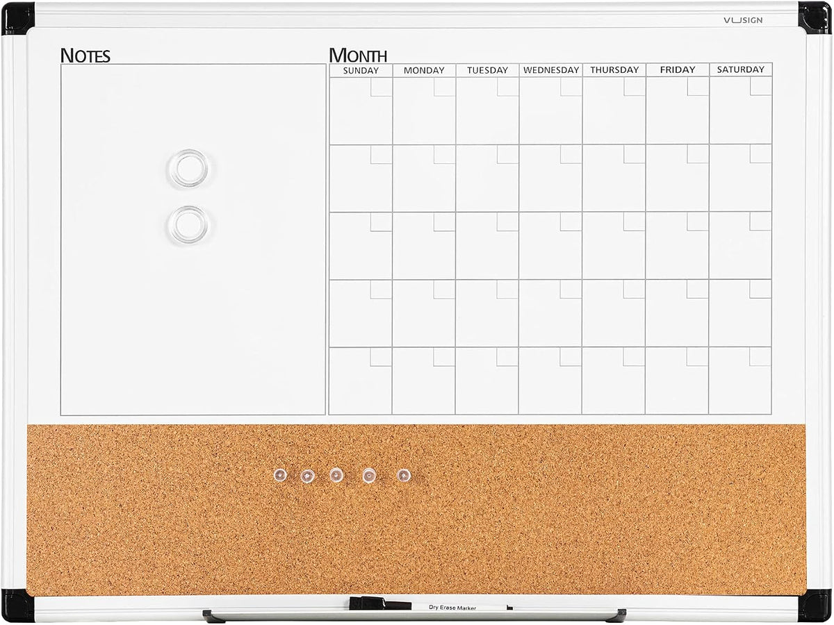 VUSIGN Monthly Calendar Whiteboard Dry Erase Cork Board Combo
