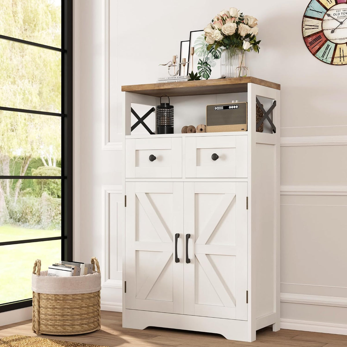 Farmhouse Storage Cabinet with Drawers, Small Kitchen Pantry Cabinet, White