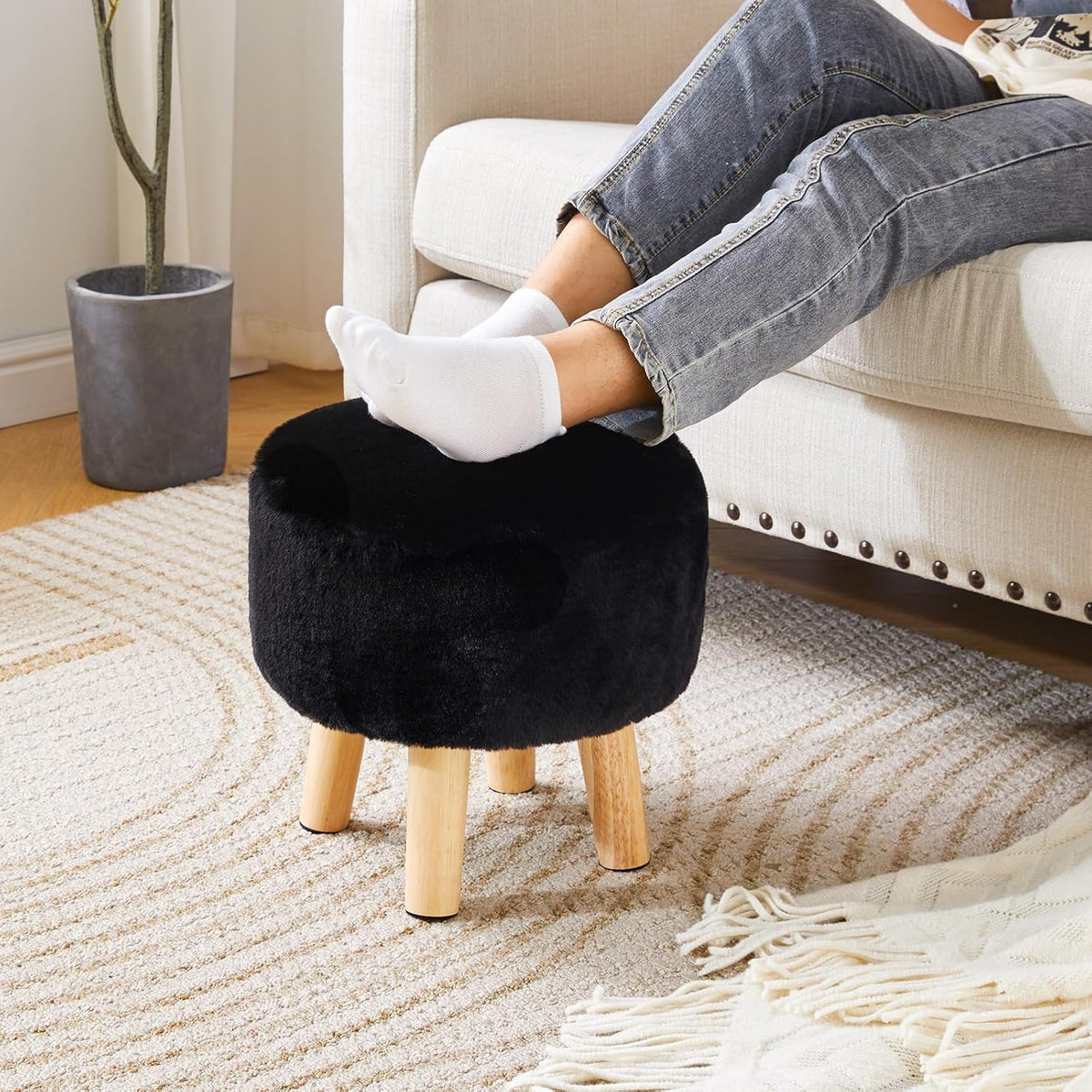 YMYNY Round Pouf Ottoman, 12.6" Small Foot Stool, Black HBD035B