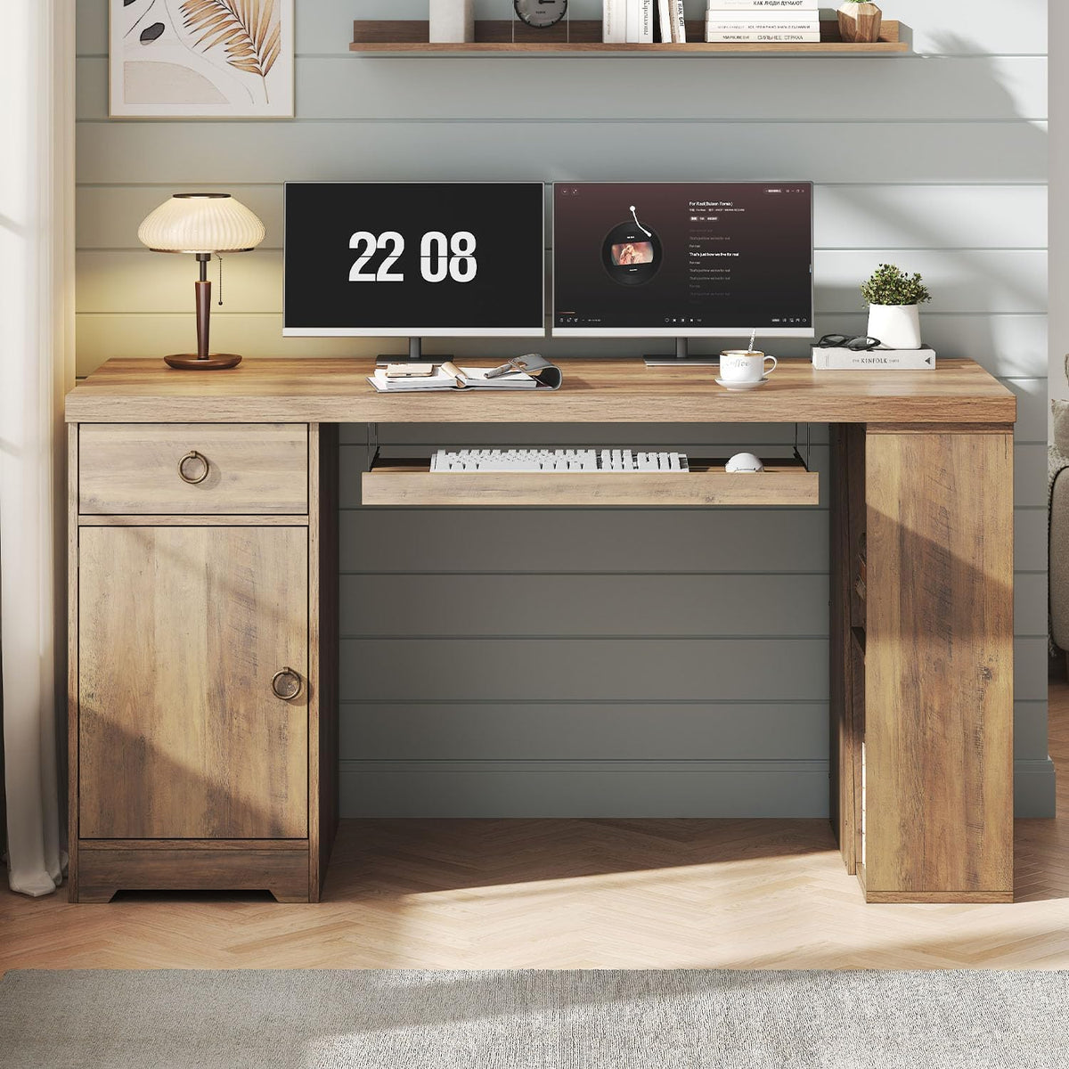 HSH Office Desk with Keyboard Tray, Computer Desk with Storage, 55 Inch