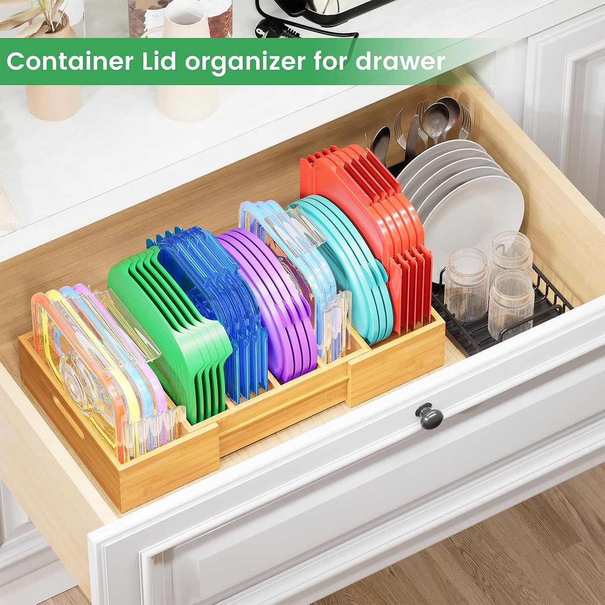 Kiasthome Expandable Bamboo Lid Organizers Inside Cabinet, Kitchen Cabinet Or...