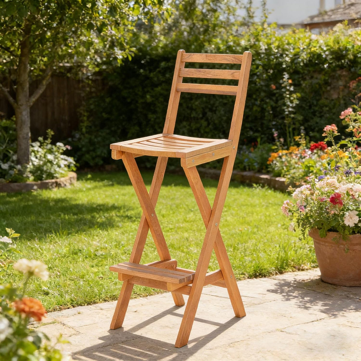 COSTWAY Outdoor Acacia Wood Folding Bar Stool with Slatted Backrest