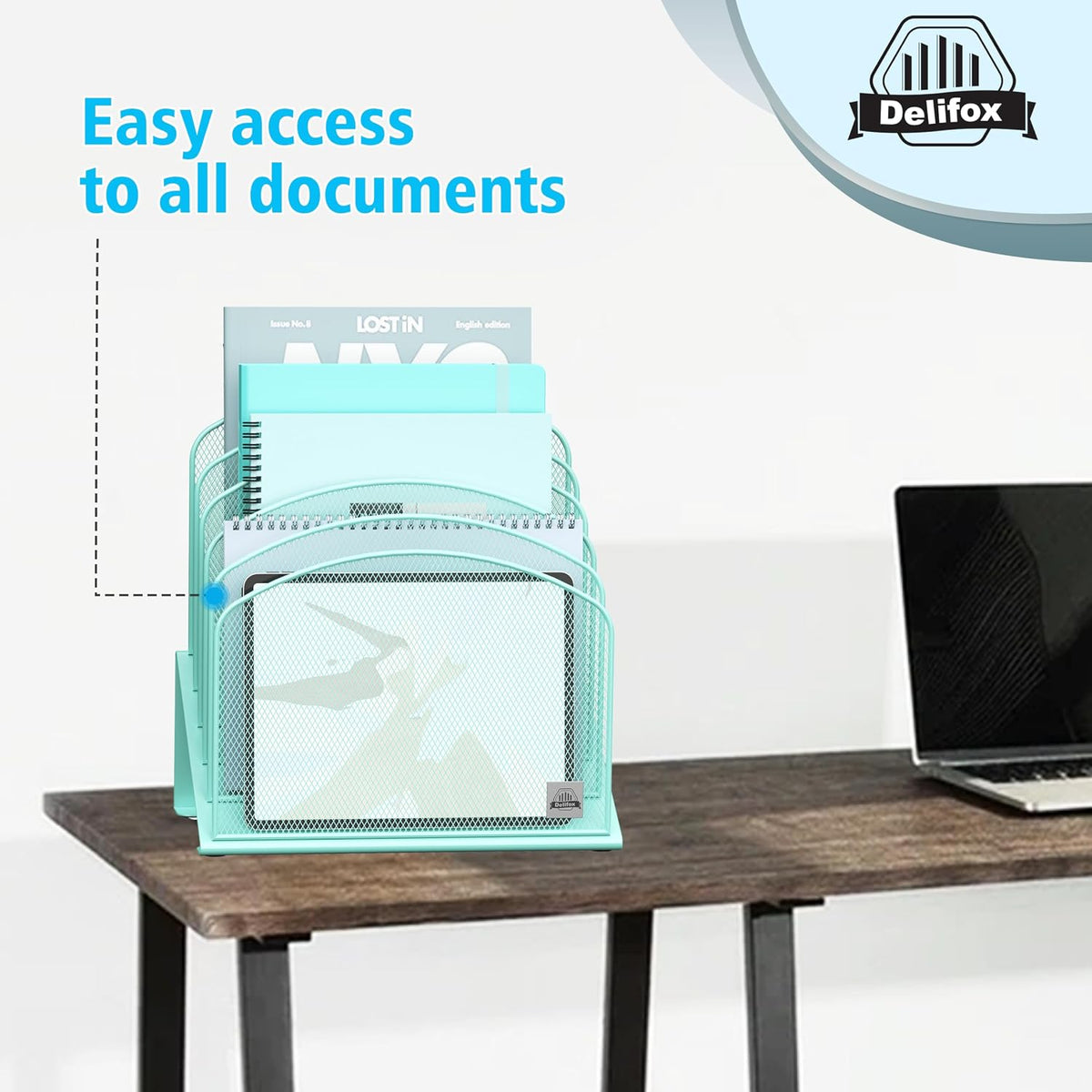 Delifox Inclined Desk File Organizer, Vertical File Folder Holder Stand