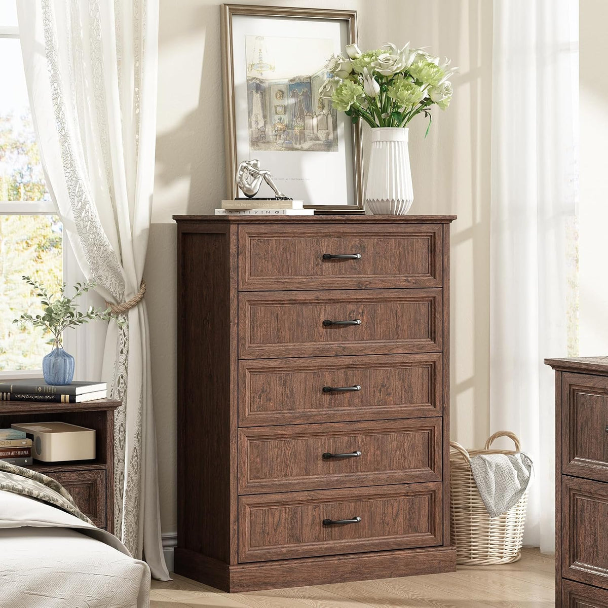 CARPETNAL Farmhouse 5 Drawer Dresser for Bedroom, 44" Tall Brown Dresser.