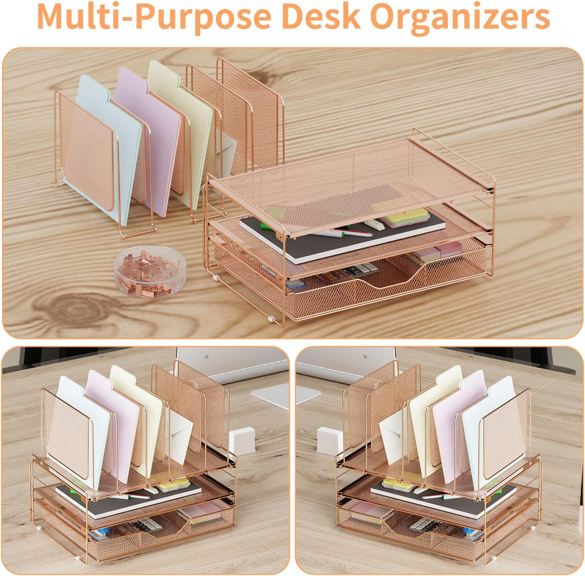 LEKETREE Rose Gold Desk Organizer, Office Organization with Vertical File Hol...