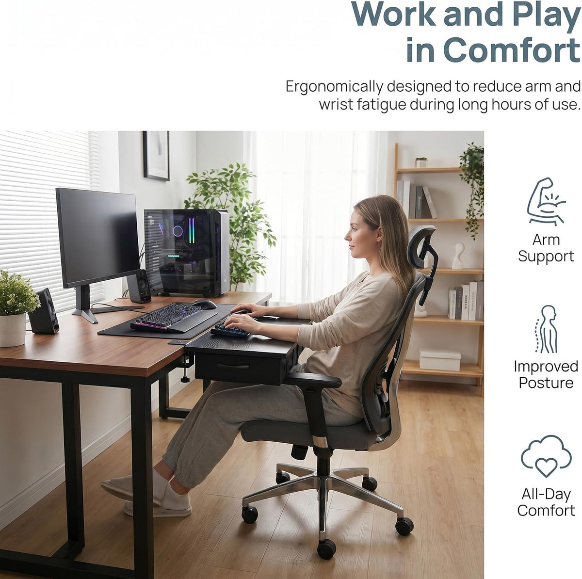 Desk Extender Tray, 24" x 12" Clamp On Desk Extension Shelf with Dr...
