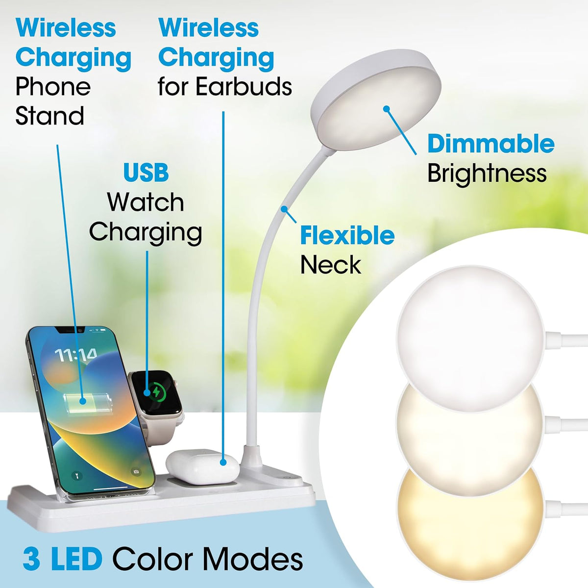 OttLite LED Table Lamp with Wireless Charging, White