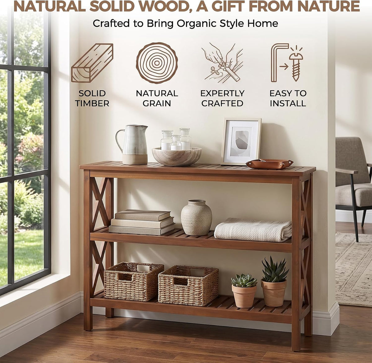 SUPER DEAL 40 in Solid Wood Console Table, 3-Shelf Wooden Outdoor Side Table ...