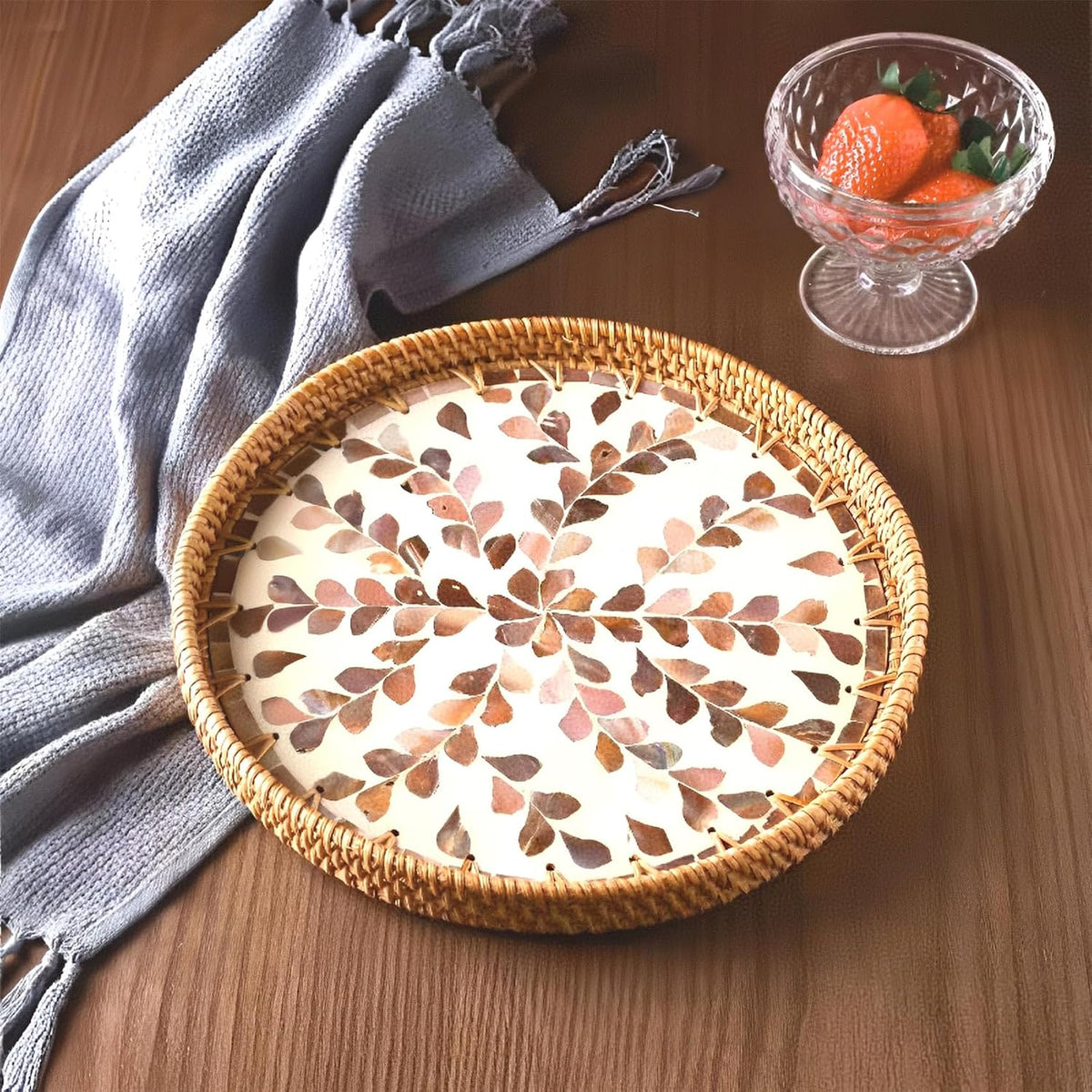 i-lan Set of 3 Round Rattan & Mother of Pearl Trays, Pearlescent Florals