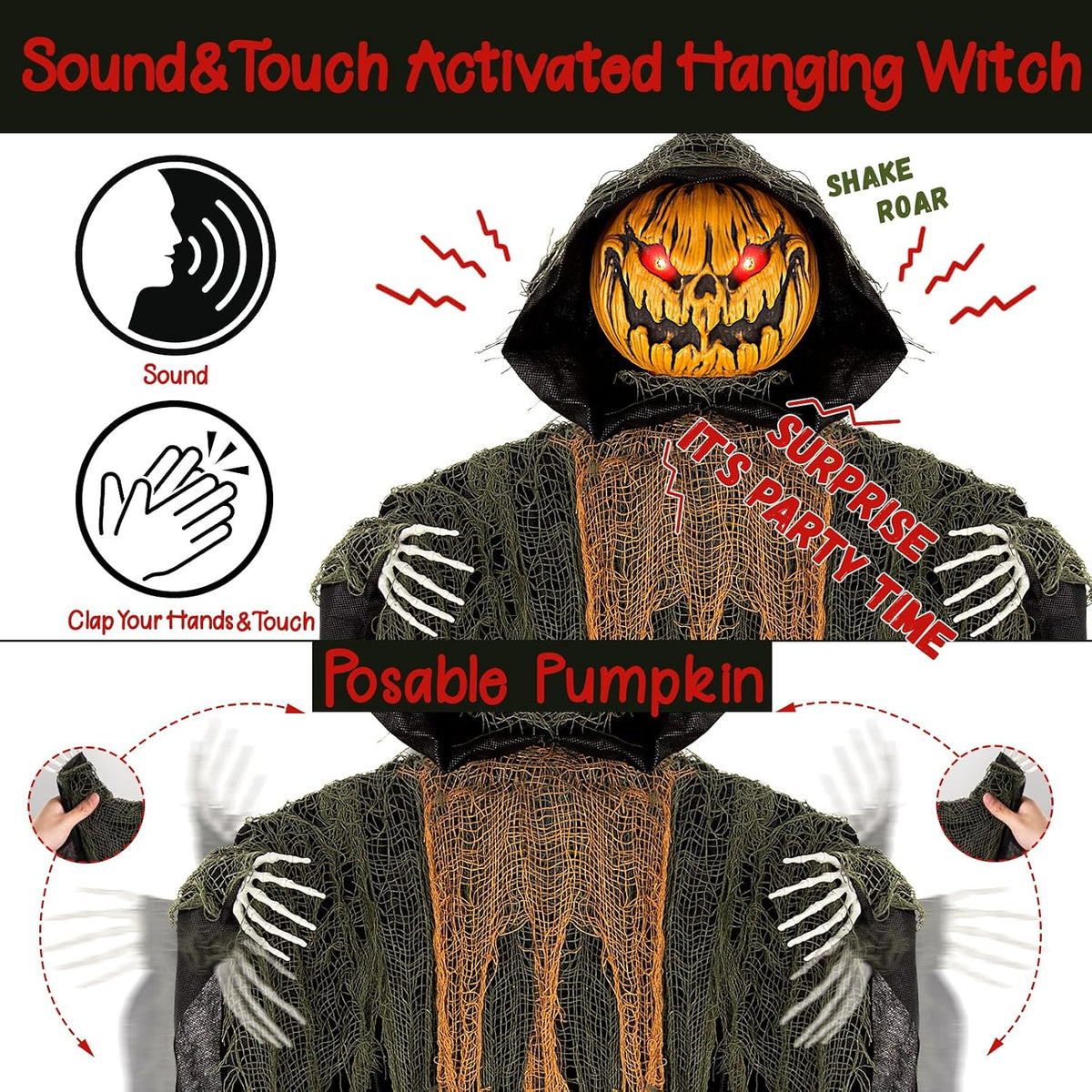59” Halloween Hanging Animatronics Pumpkin Decoration with Sound Activated