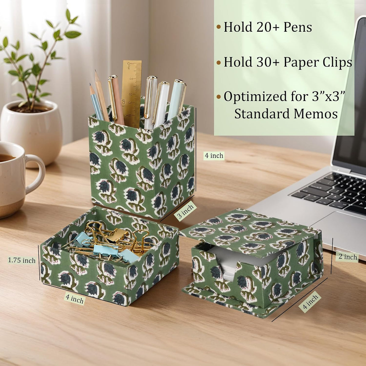 Ridhi Basil Green Block Print Desk Organizer Pen & Notepad Holder Set-3