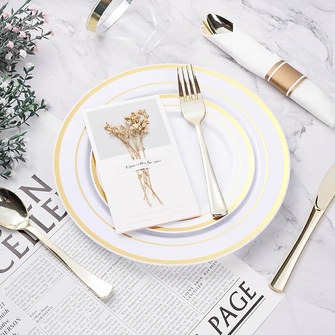 BESTVIP 175PCS Gold Plastic Dinnerware Set, Disposable Party Plates for 25 Gu...