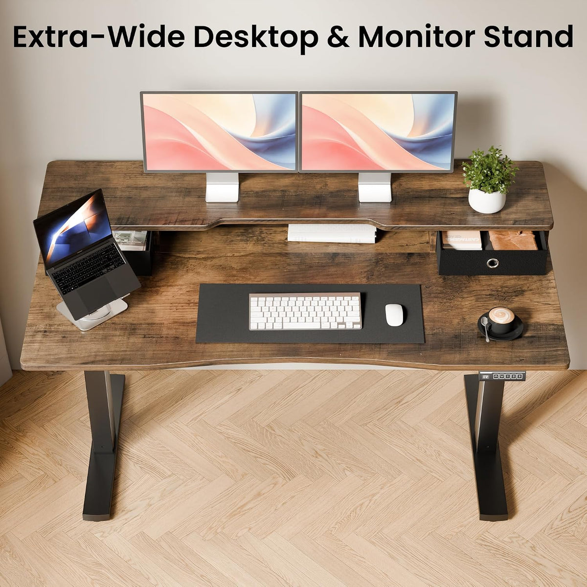 Realbear 55x26 Inch Electric Standing Desk with Drawers, Rustic Walnut