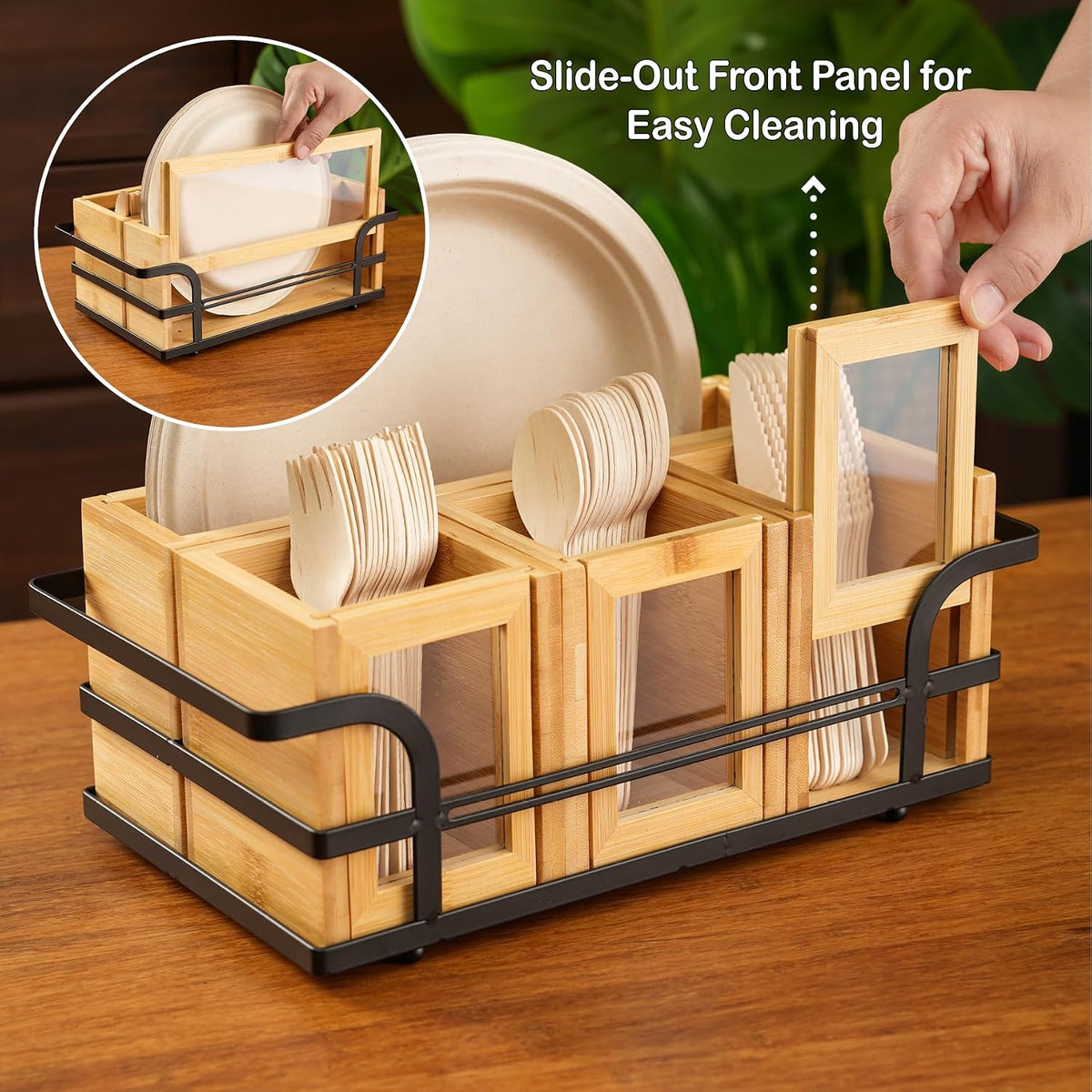 Bamboo Silverware Caddy with Paper Plate Holder, Utensil Organizer for Forks,...