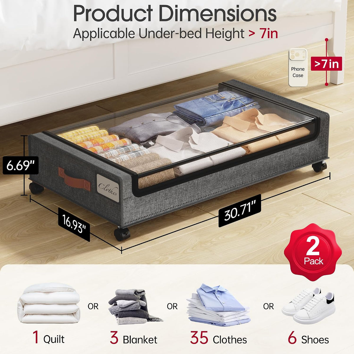 Yecaye Under Bed Storage with Wheels, 2Pack Under Bed Storage Containers, Und...