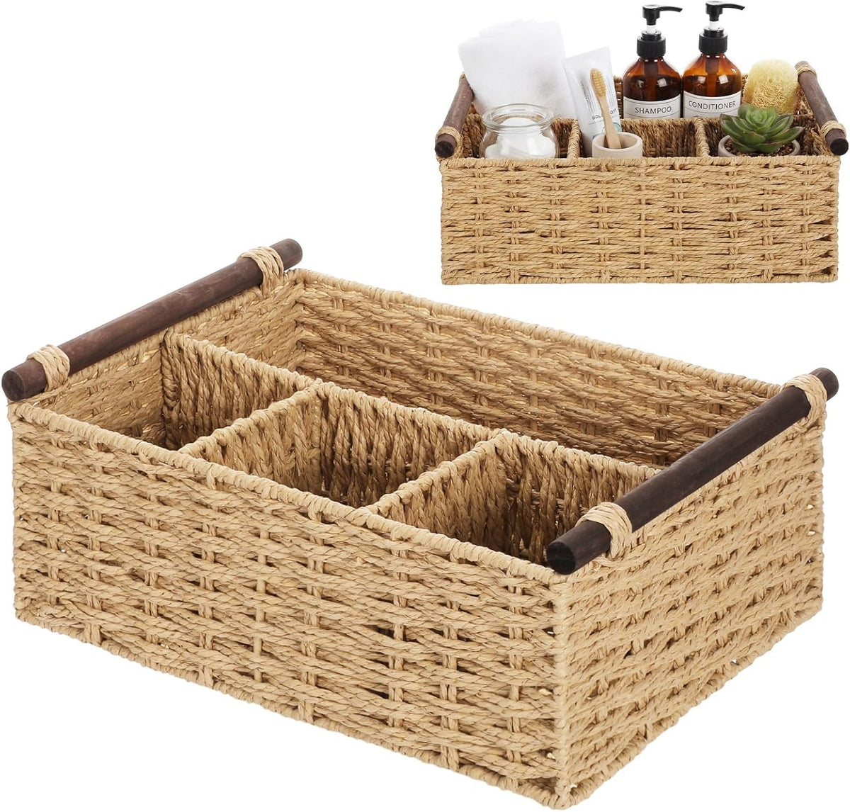Remerry Beige Bathroom Countertop Organizer Caddy, Wicker-Like Divided Basket...