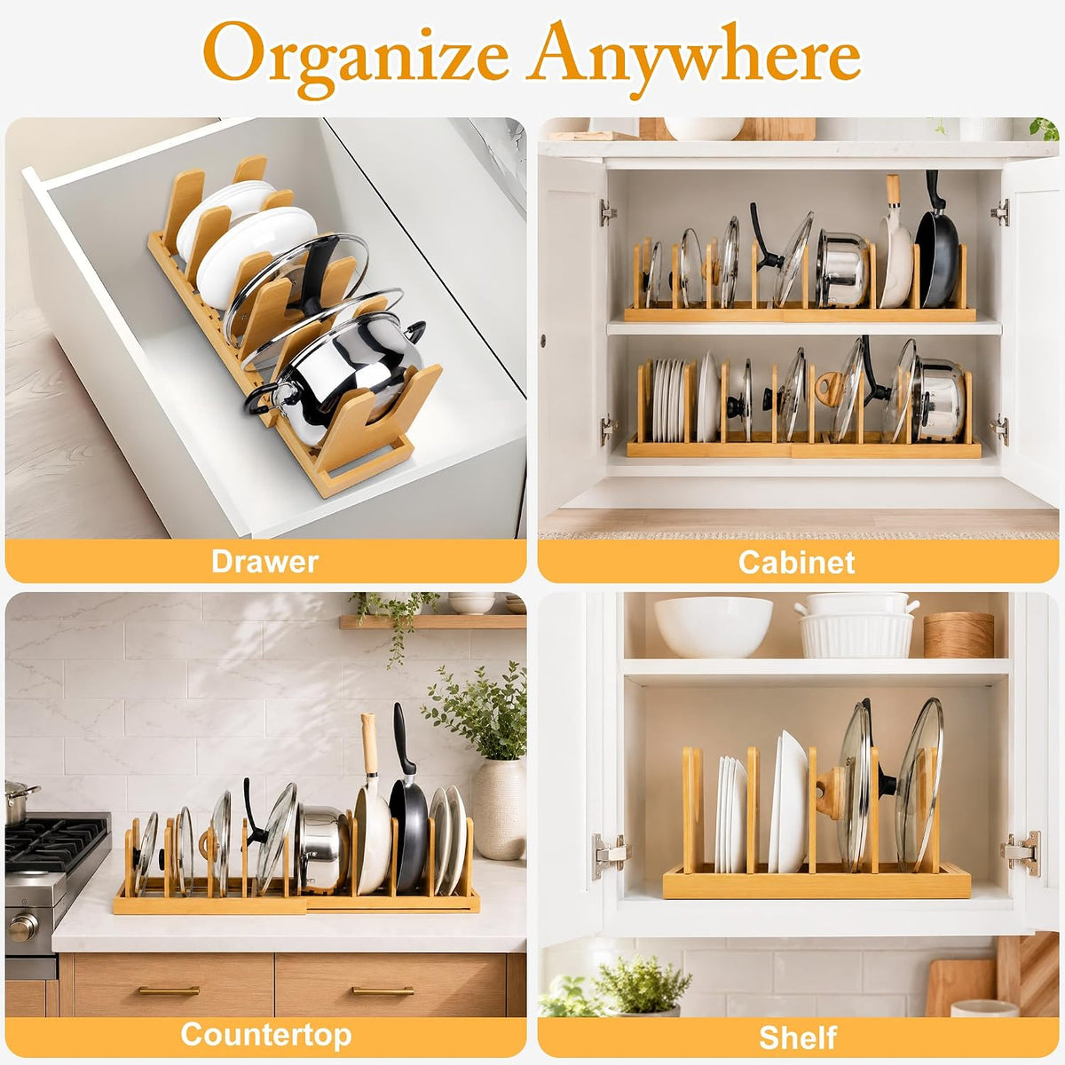 MinBoo Bamboo Expandable Pot Lid Organizer, Pot and Pan Organizer Drawer Orga...