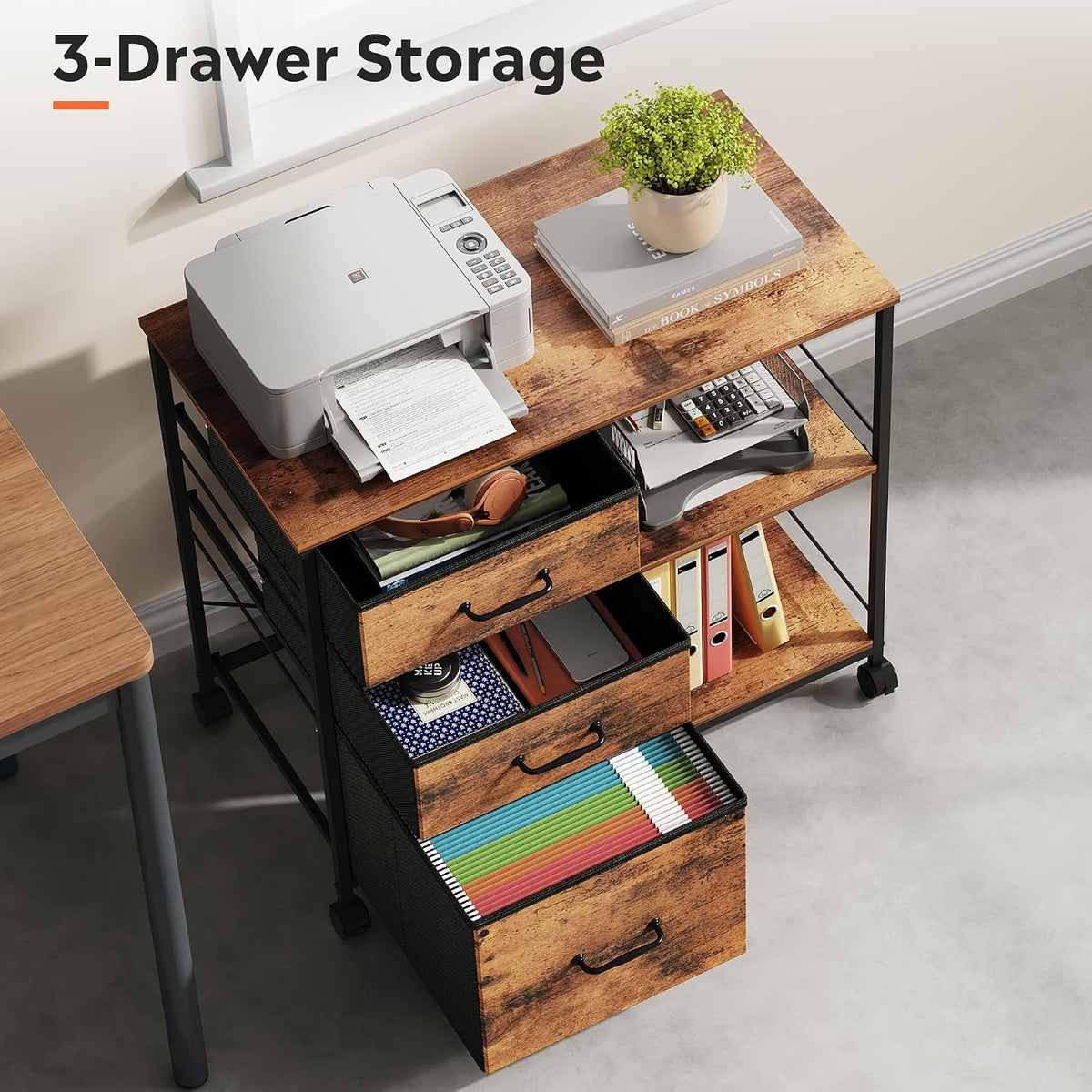 DEVAISE 3 Drawer Mobile File Cabinet, Fabric Lateral Filing Cabinet