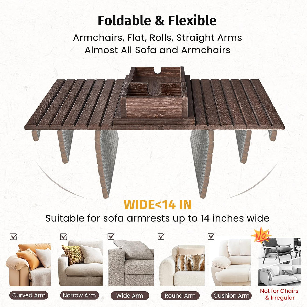 GEHE Detachable Couch Cup Holder, Anti Falling Sofa Arm Tray, Natural Bamboo ...