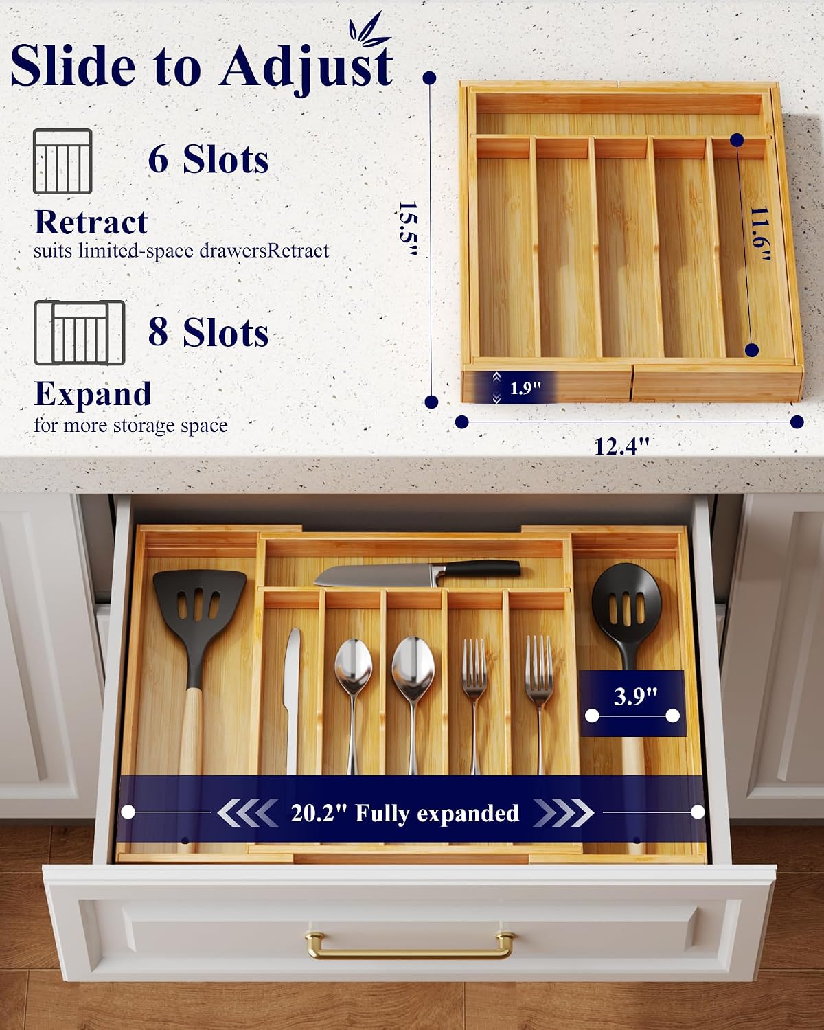Kitsure Silverware Organizer, Bamboo Kitchen Drawer Tray, Natural, X-Large