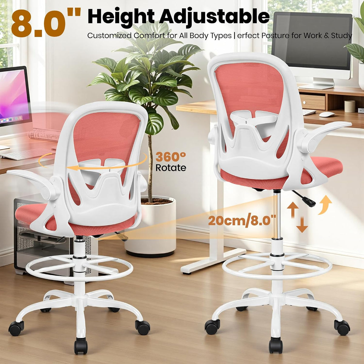 Drafting Chair Tall Office Chair with Flip-up Armrests Executive Ergonomic Co...