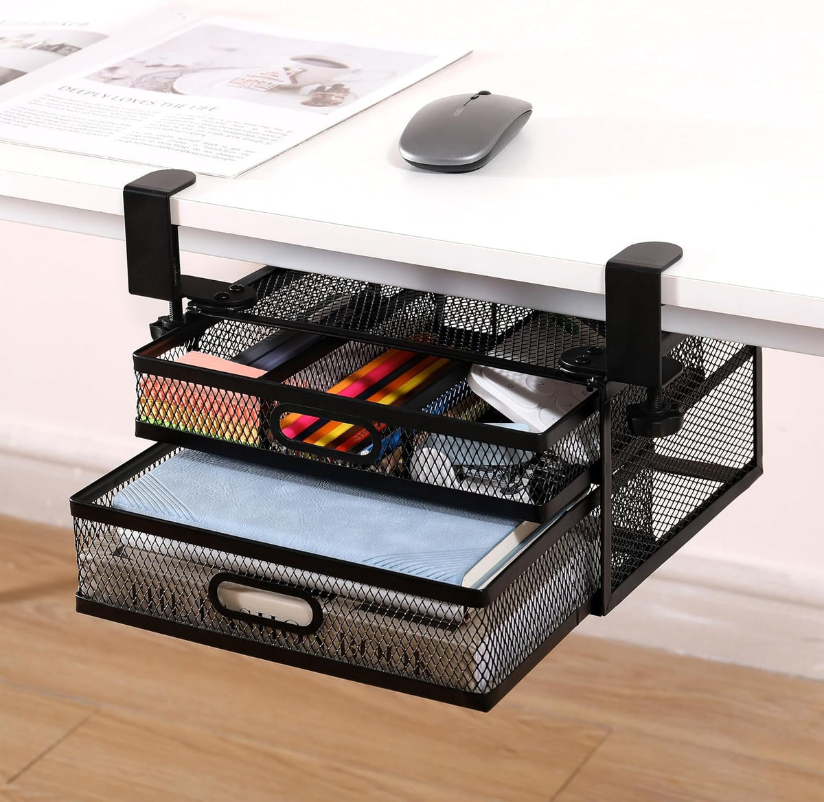 Sliding Under Desk Drawer Organizer No Drilling 2 Drawers Slide Out Desktop O...