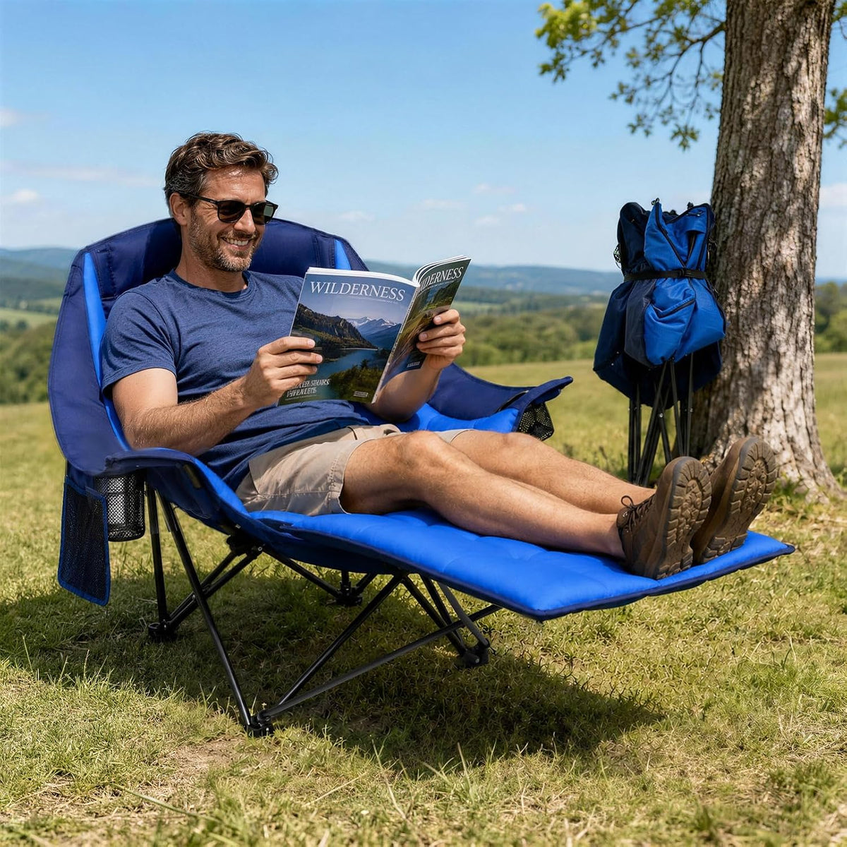 Suteck Camping Chair with Foot Rest, Oversized Padded Folding Chairs, Blue