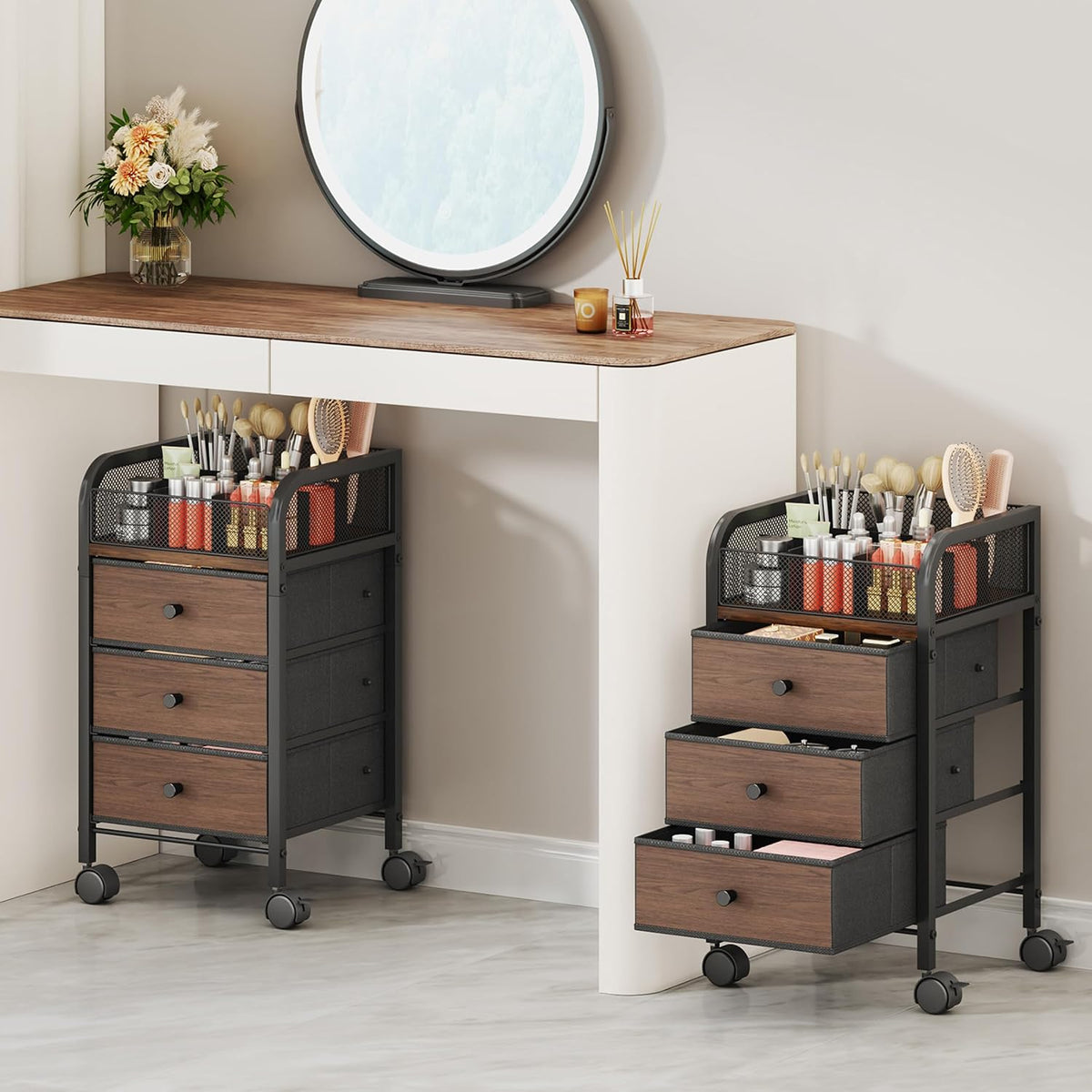 SWTYMIKI Rolling Makeup Organizer Cart - Under Desk Vanity Makeup Storage wit...