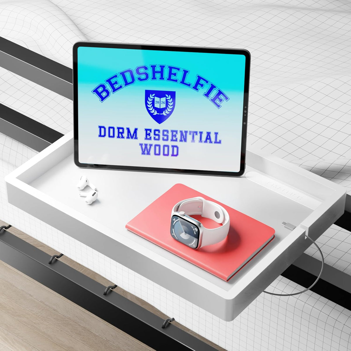 BedShelfie Wood Bedside Shelf for Dorm Room - White