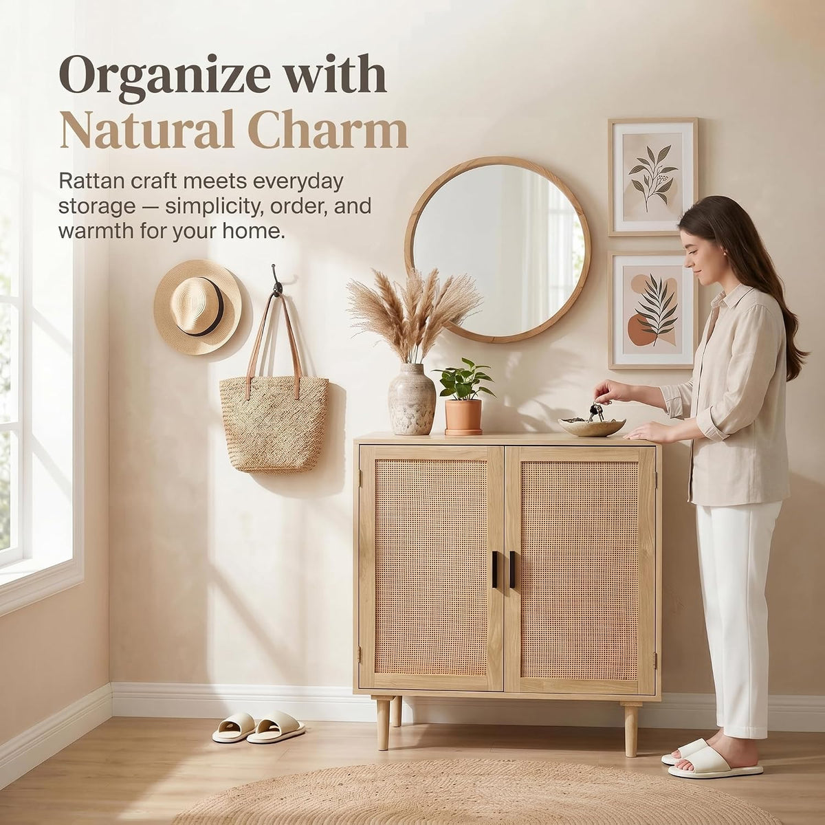 Finnhomy Sideboard Buffet Cabinet, Kitchen Storage Sideboard with Rattan Deco...