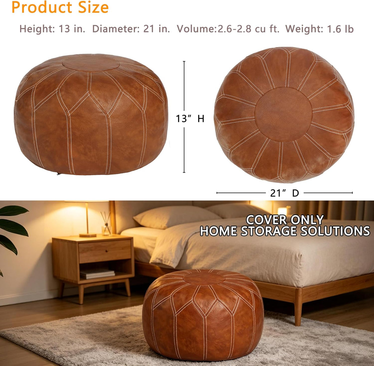 Thgonwid Unstuffed Moroccan Faux Leather Pouf Ottoman Cover with Storage - Bo...