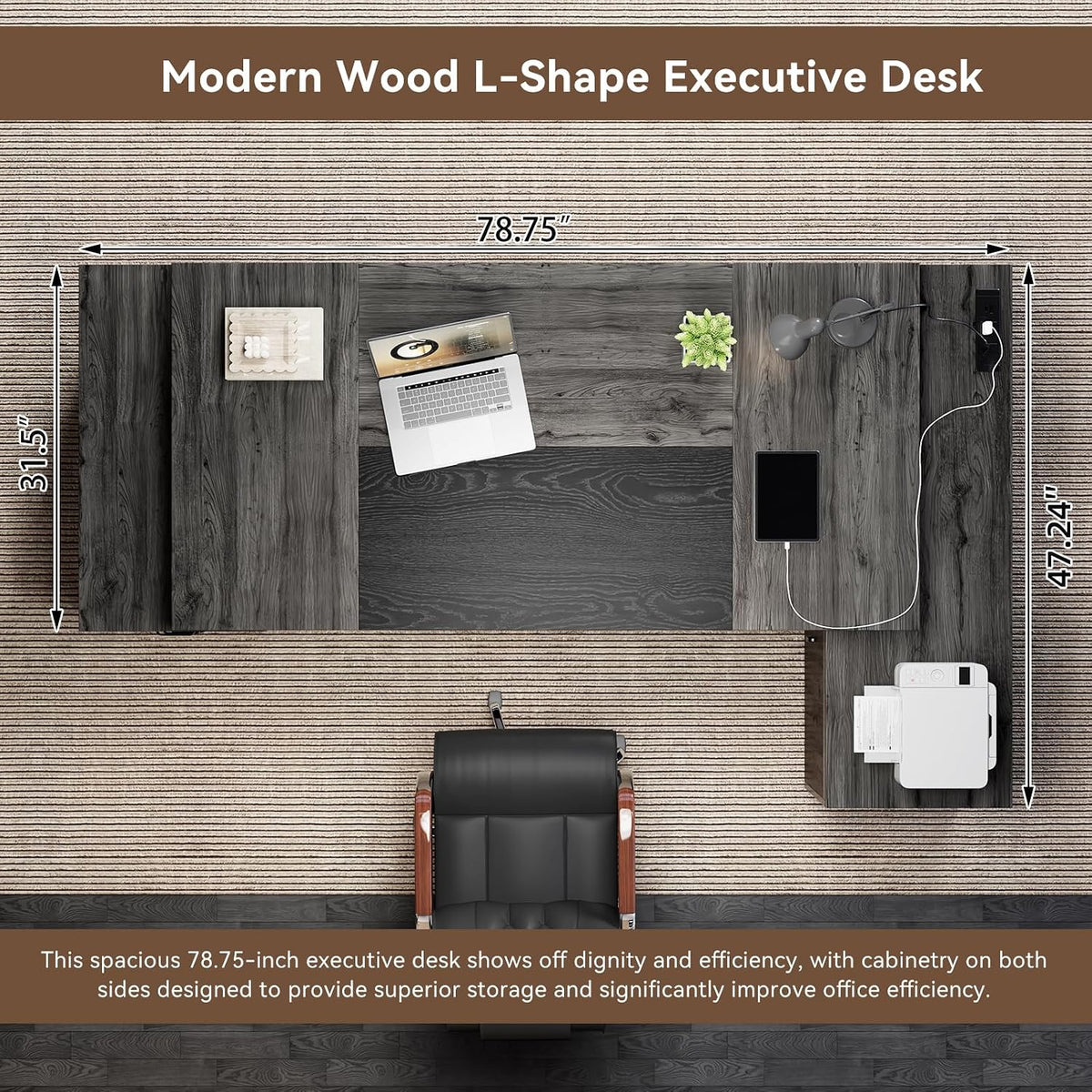 Epecoya L Shaped Desk with Drawers and Open Shelf 78-Inch, Grey Black