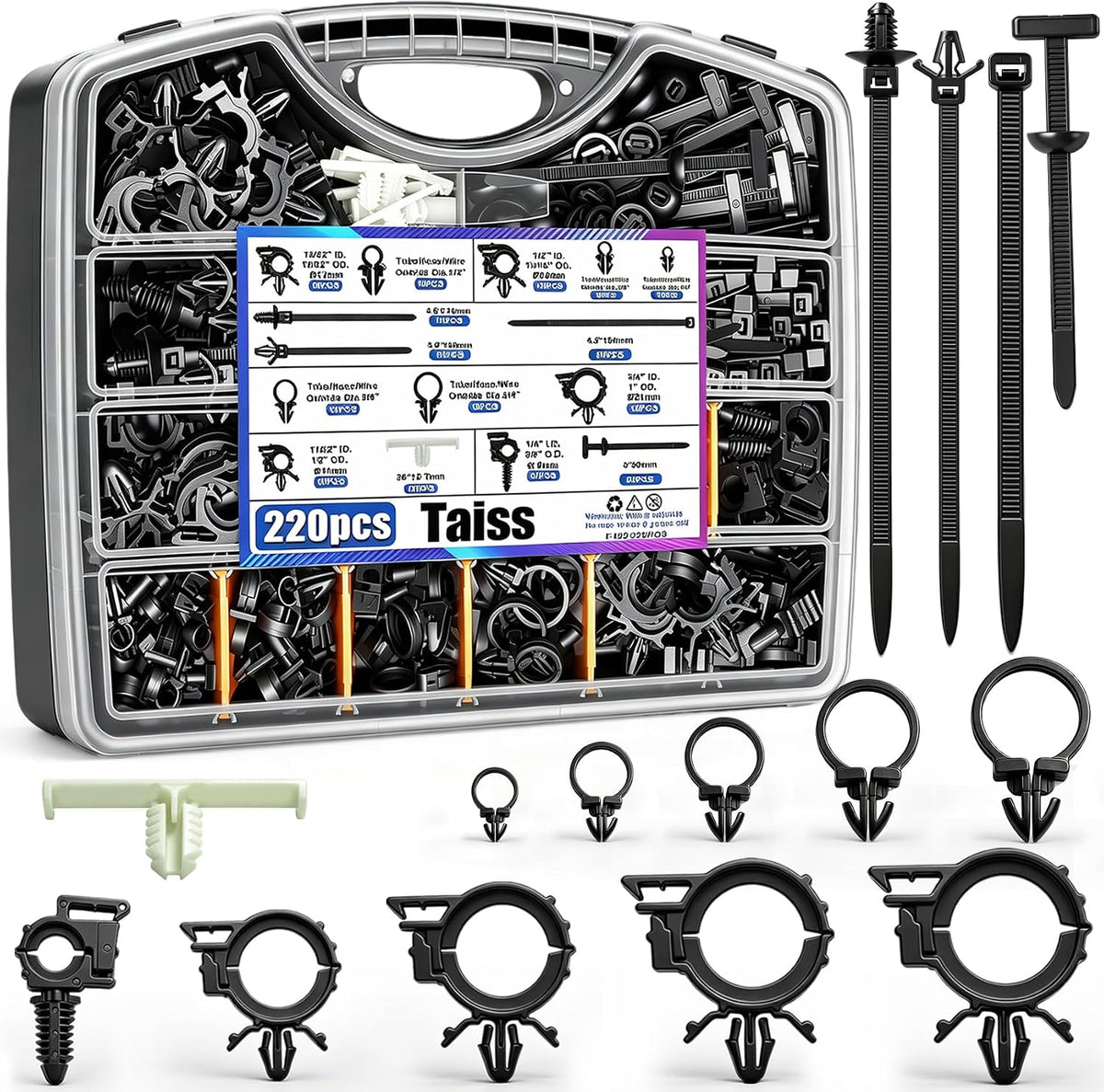Taiss 220pcs Car Wire Loom Routing Clips,15 Sizes Push Mount Cable Ties
