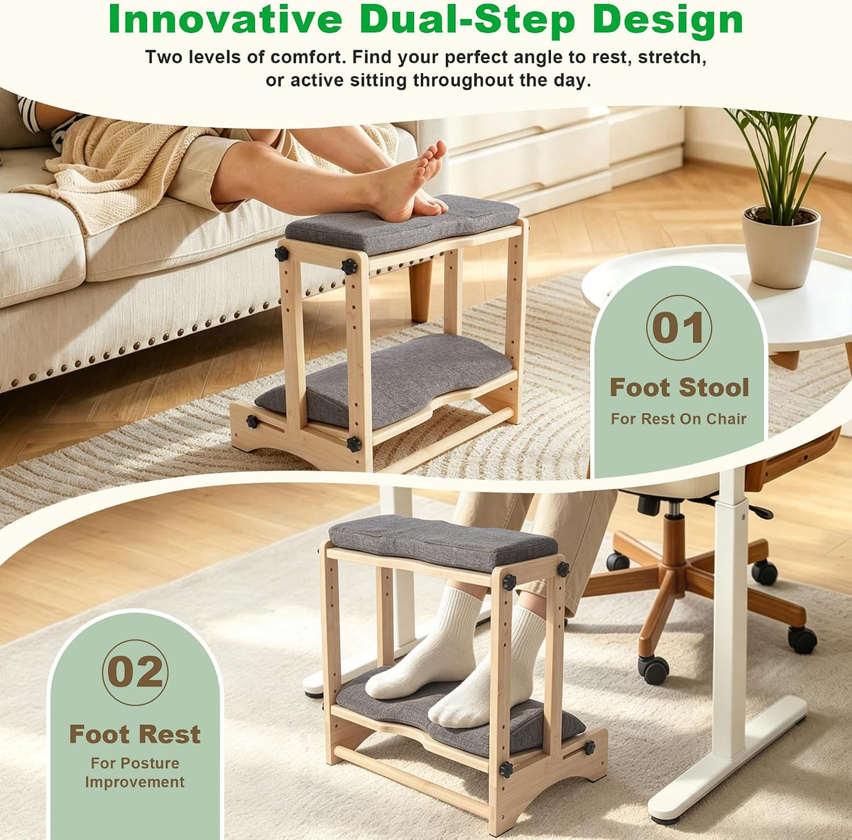 Foot Rest for Under Desk, Two-Tier Bamboo Foot Stool with Soft Cushions
