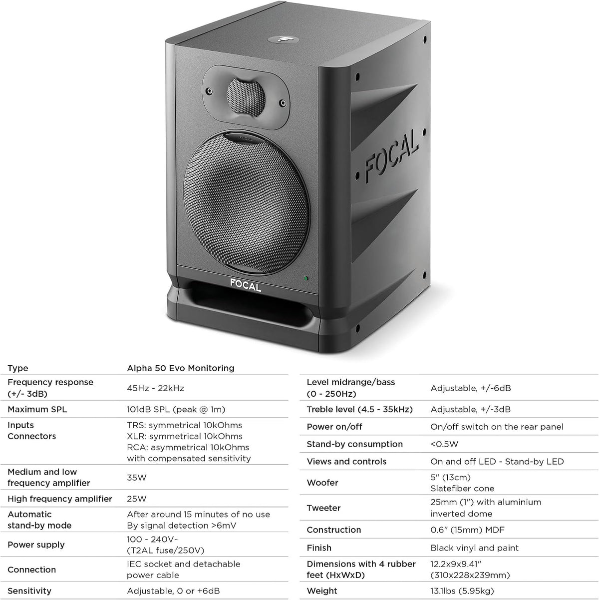 Focal Alpha 50 Evo – 5" Active 2-Way Studio Monitor, 60W RMS Bi-Amp, Sla...