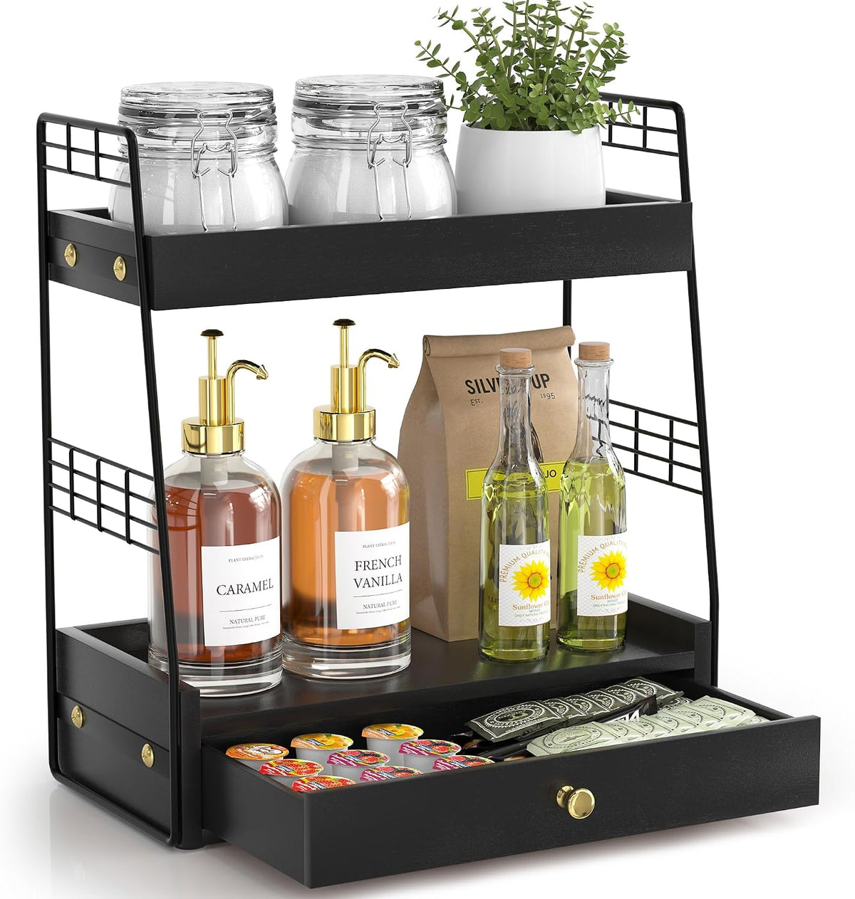 Coffee Bar Station Organizer with Drawer, 2-Tier Countertop Shelf (Black)