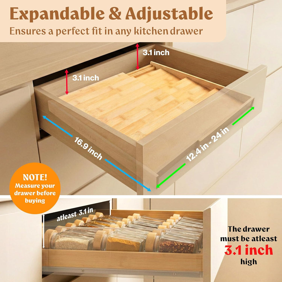 EDELHAUS Bamboo Spice Drawer Organizer, Expandable 4 Tier Spice Rack
