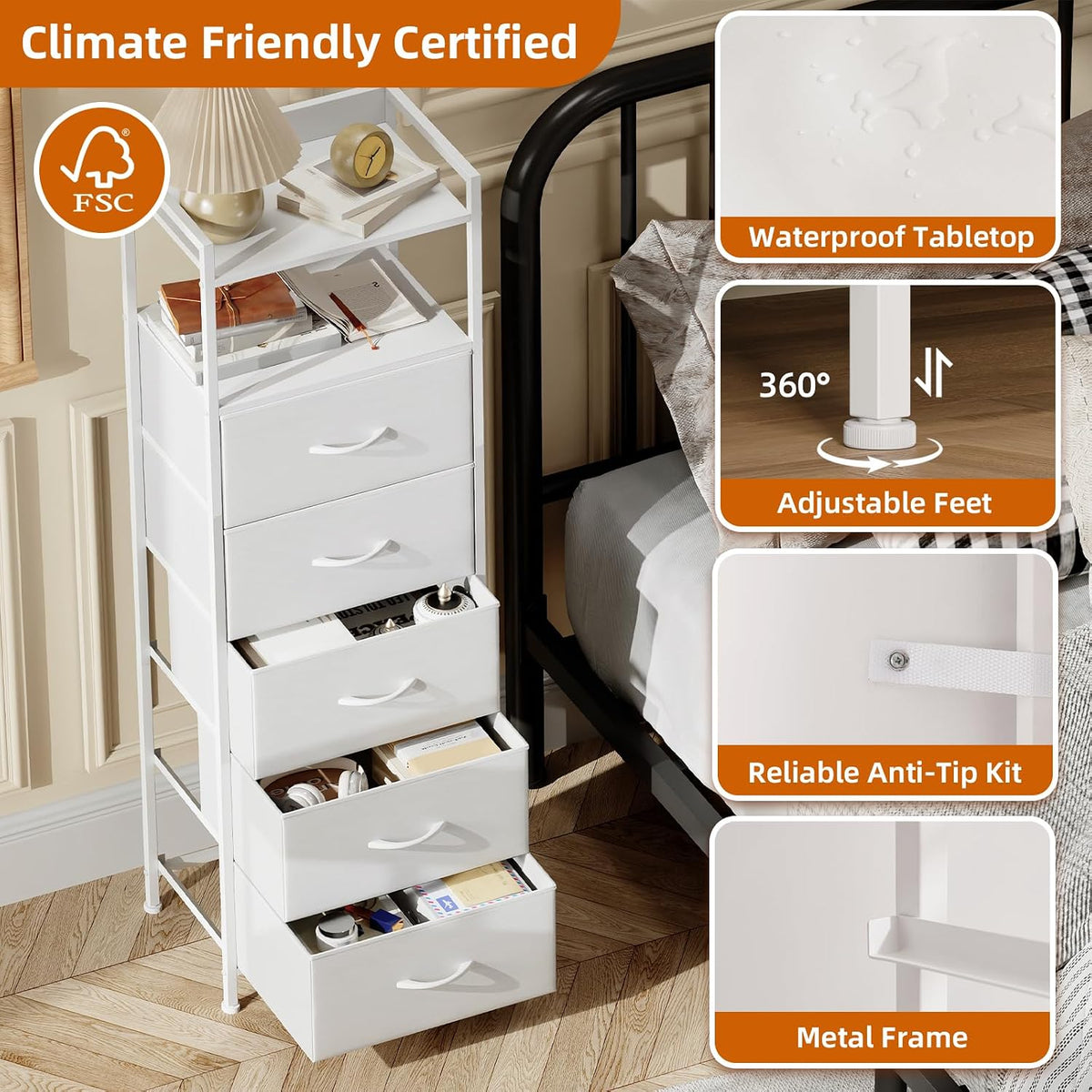 Somdot White Tall Dresser for Bedroom with 5 Drawers, Tall Nightstand