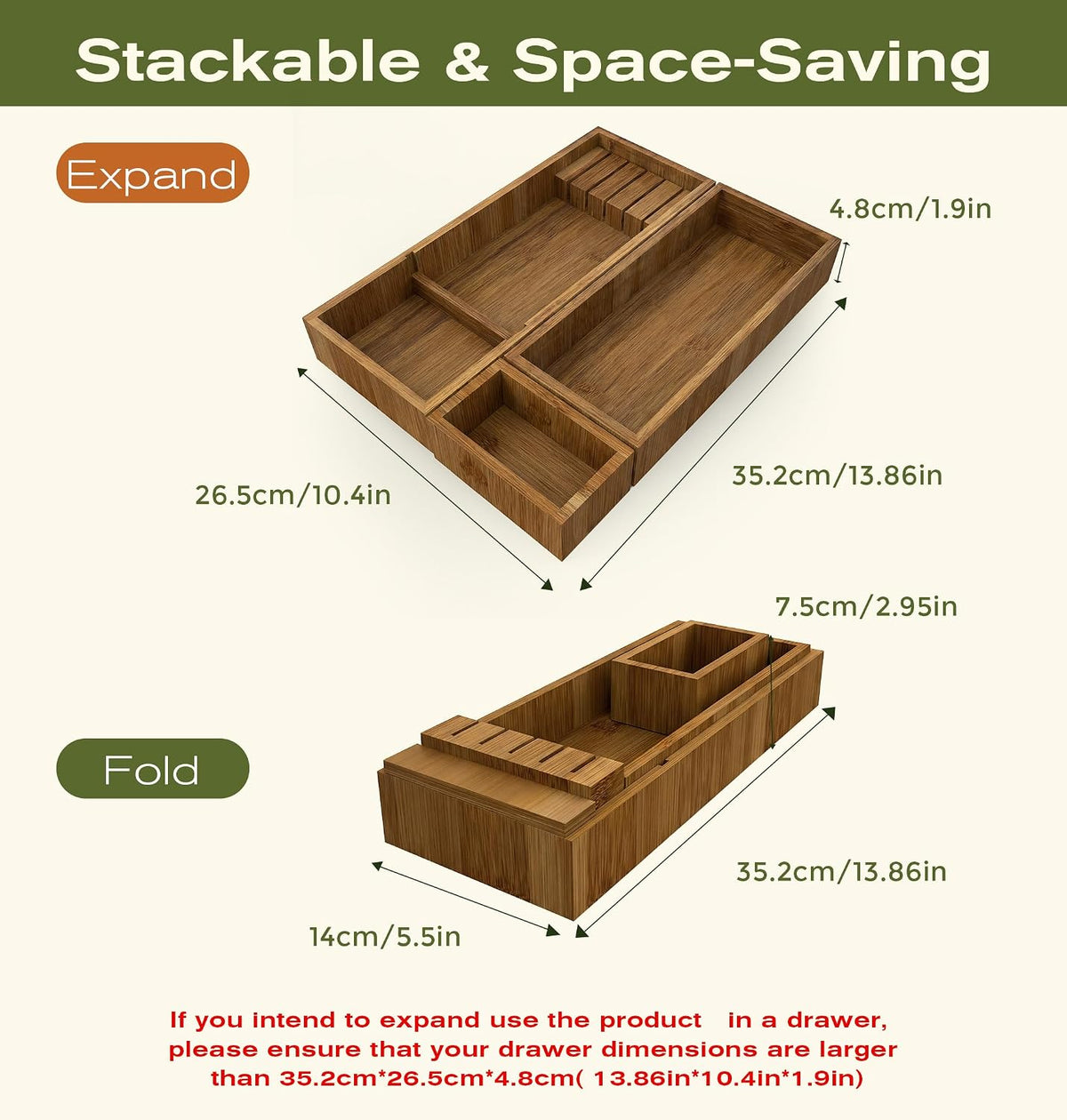KOCWELL Bamboo Drawer Organizer with Knife Block, 3 Removable Silverware Draw...
