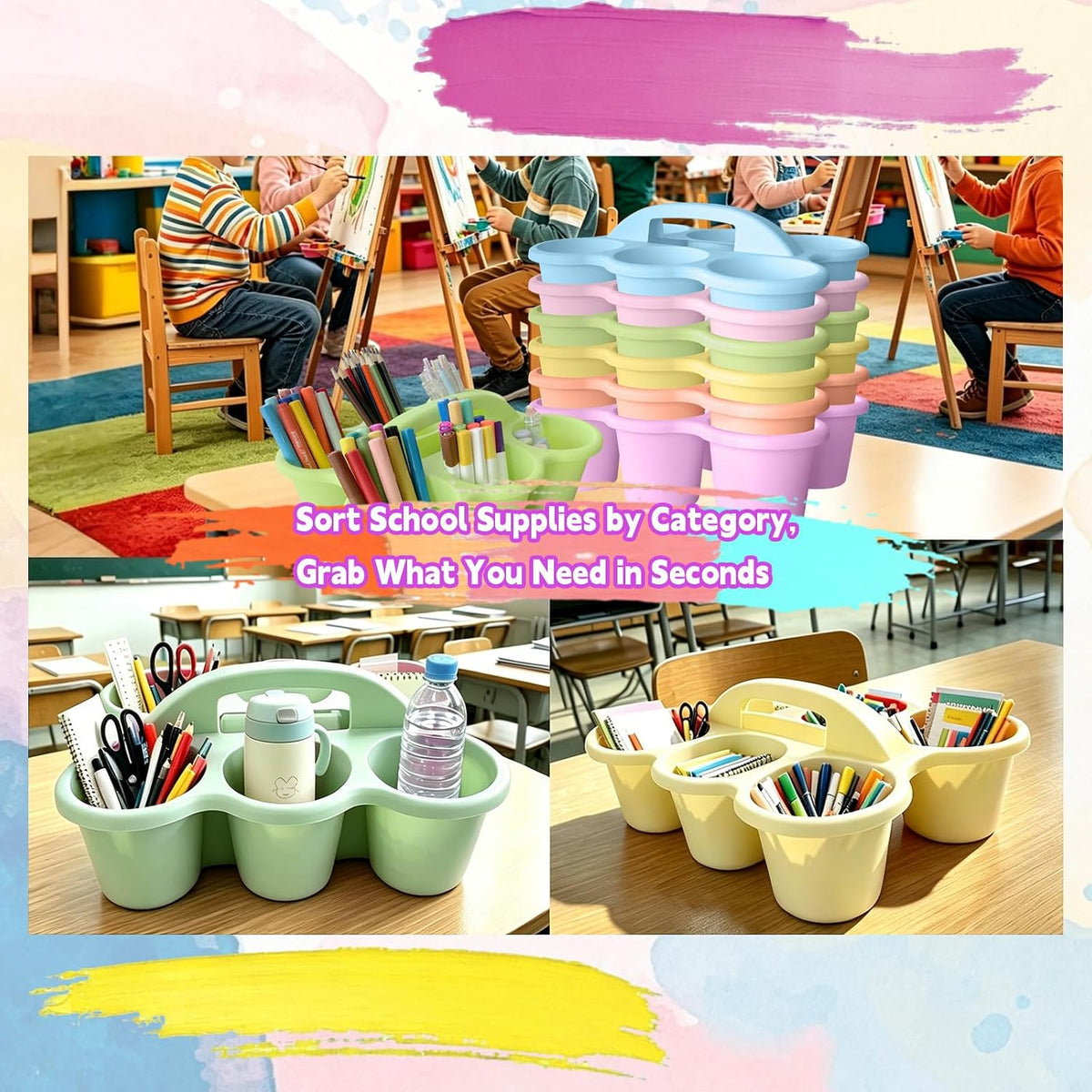6 Pack Classroom Caddy Organizer with Handle Pastel Plastic Table Caddy 6 Com...